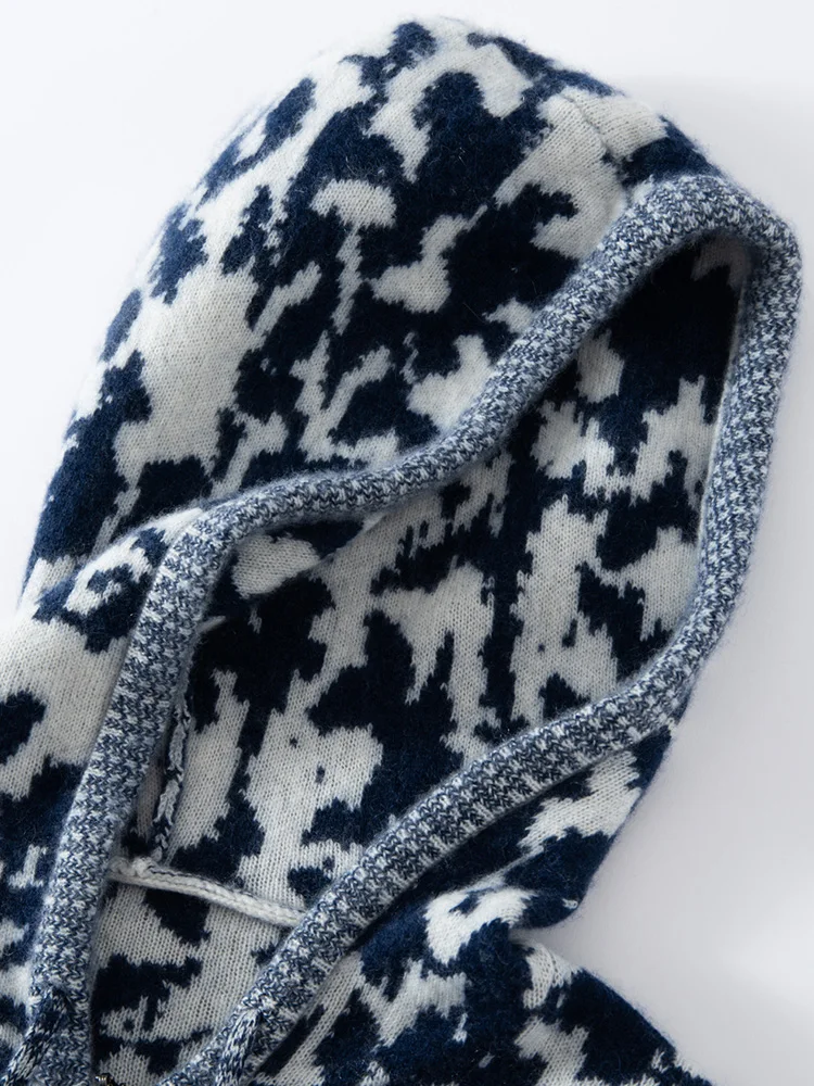 عالية الجودة جديد إمرأة 100% سترة الكشمير المعنقة الأزرق والأبيض الخزف مقنعين سستة سترة الخريف الشتاء لينة سميكة رداء علوي غير رسمي