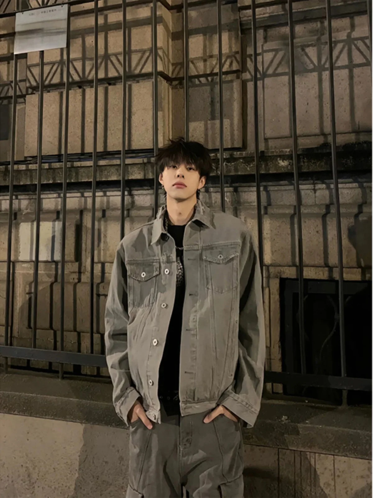 

Retro American ey Cement Color Denim Jaet for Men Sli Nas Autumn Winter Faionable Youthful Breathable Outerwear