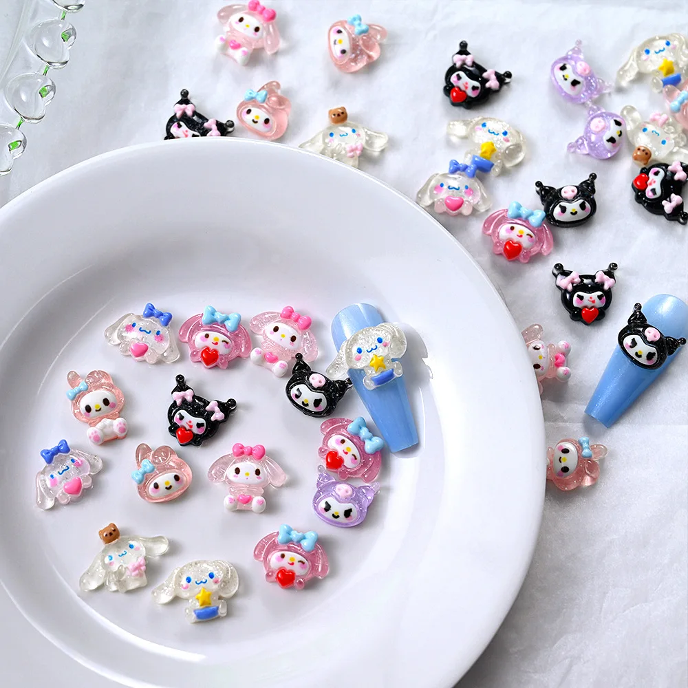 10Pcs Sanrio 3D Resin Nail Charms Glitter Transparent Cartoon Nail Decor Kawaii Manicure DIY Ornaments
