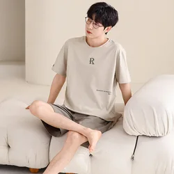 High Quality Pure Cotton Thin Pajamas Suit Short Sleeves Summer Casual Lycra Cotton Loungewear Set Male Large Size Sleepwear Boy