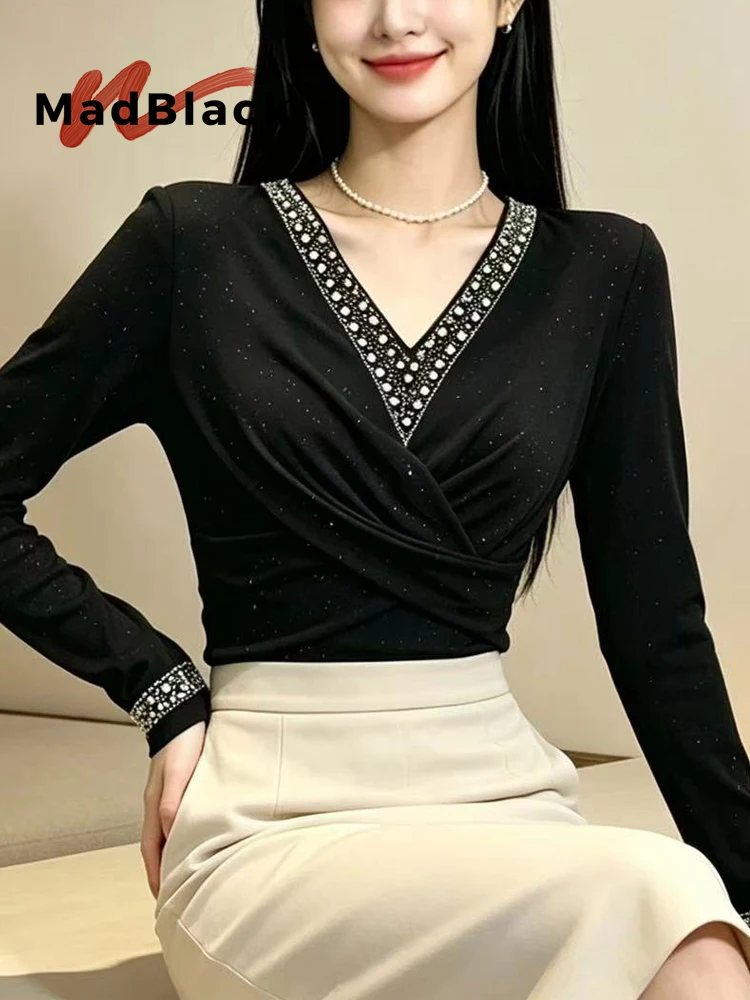 MadBlack-Women European T-Shirt, Sexy V Neck Diamond Patchwork, Hotsweet Long Sleeve Slim M-3XL Mesh Tee, 2026 Autumn T6O314CC