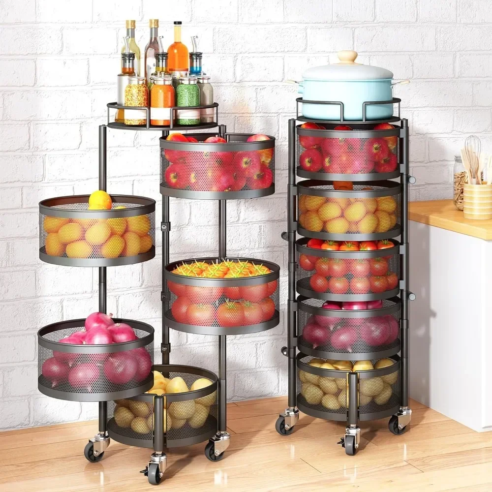 SNTD Fruit and Vegetable Basket Bowls for Kitchen with Metal Top Lid, 5 Tier Rotating Storage Rack Cart