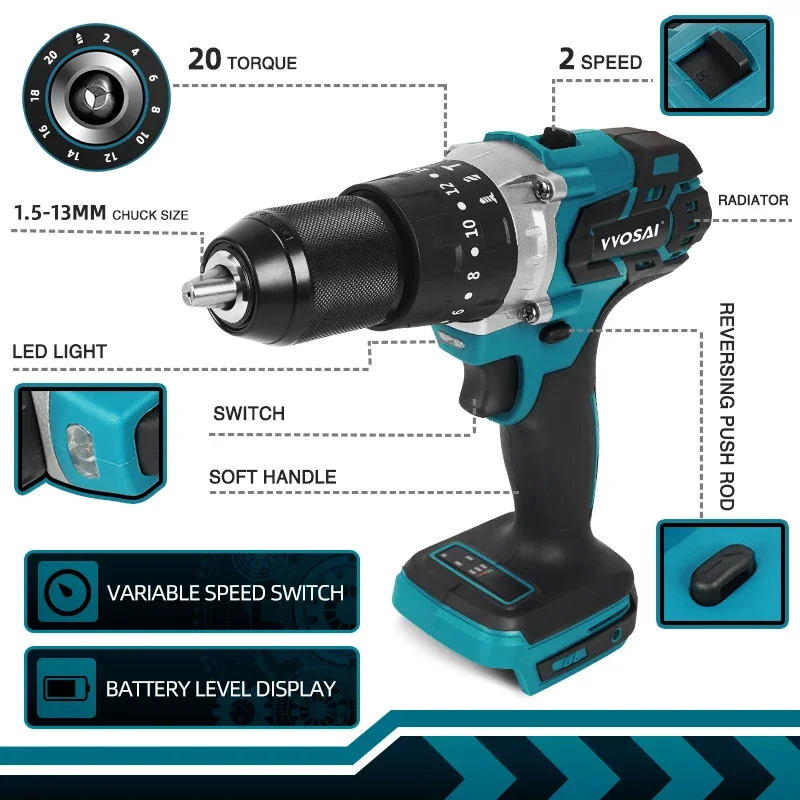 VVOSAI Brushless Electric Drill 20 Torque Cordless Screwdriver Li-ion Battery Screwdriver Drill For 18V Makita Lithium Battery