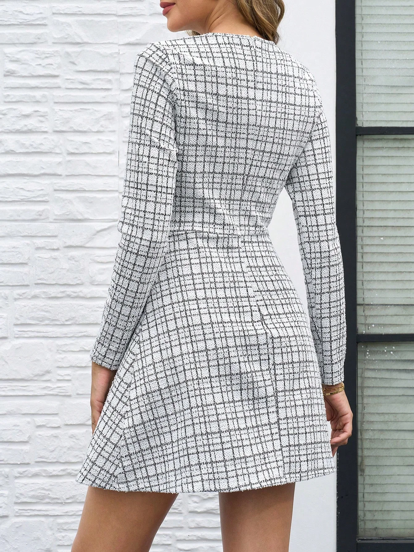 Fil métallique col rond Plaid imprimé à manches longues robe courte pour les femmes, automne/hiver hiver femmes vêtements femmes robe élégante