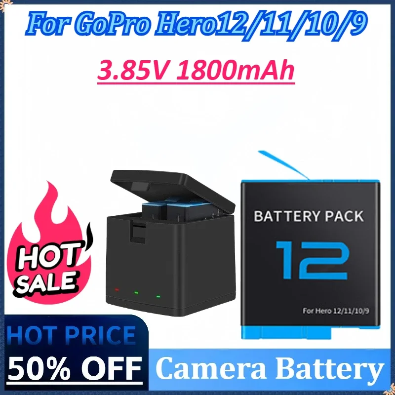 

New 3.85V 1800mAh Rechargeable Battery For GoPro 12 Hero12 3 Slots Storage Charger Box For GoPro Hero 12 11 10 9 Accessories