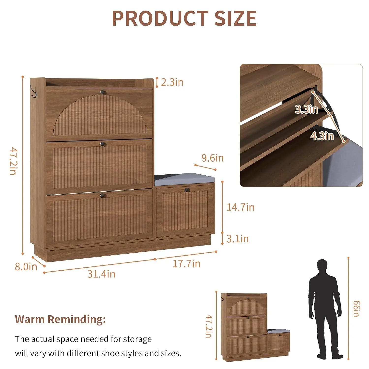 Walnut Shoe Storage Cabinet 4 Flip Drawers Hidden Organizer Bench with Hooks for Entryway Hallway Living Room, Customized
