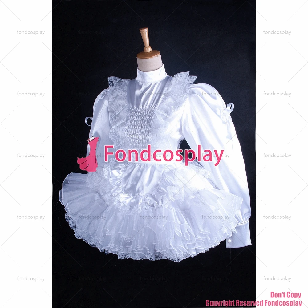 fondcosplay adult sexy cross dressing sissy maid short lockable white Satin lace dress apron costume CD/TV[G1627]