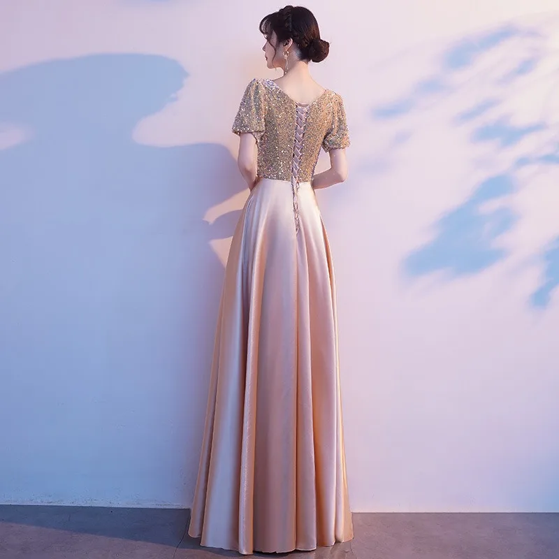 2025 novo verão novo feminino de alta qualidade luxo champanhe brilho com decote em v banquete presidente vestido noite moda anfitrião vestido