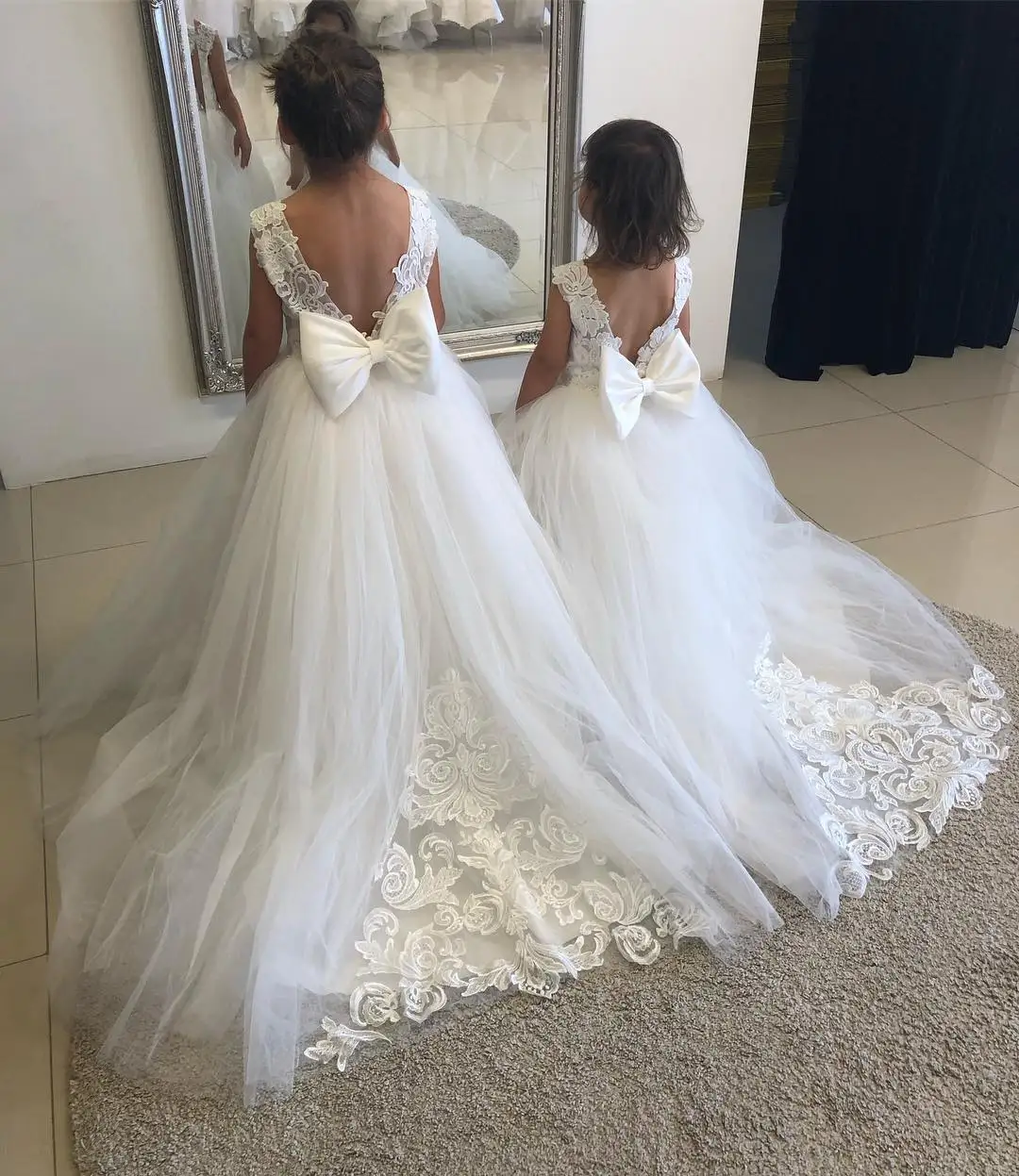 Lindos vestidos de flores para niña para boda, apliques de lazo grande, vestidos largos para desfile, vestidos de primera comunión de tul blanco para niña