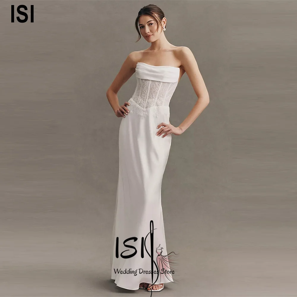 ISI Trendy Mermaid Wedding Dresses for Women Satin Pleated With Lace Strapless Appliques Vestidos De Novia Customized