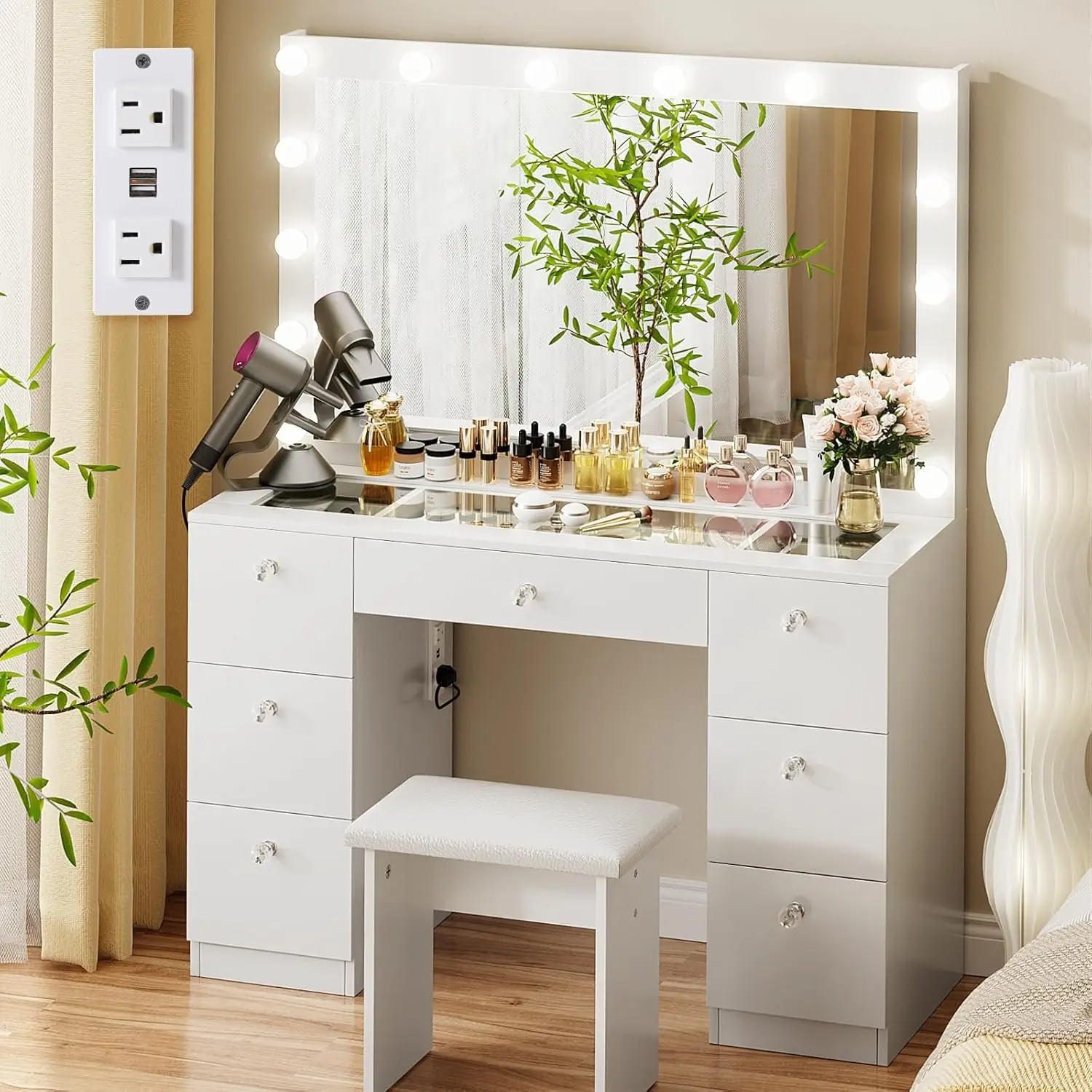 Vanity with Lighted Mirror - Makeup Vanity Desk with Glass Top, 7 Drawers and Power Outlet, 3 Color Lighting Modes Adjustable