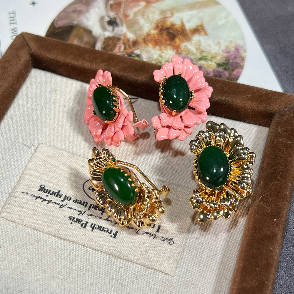 Natural agate Chinese style flower explosion 18K plated real gold, exquisite and high-end new Chinese fashion national style ear