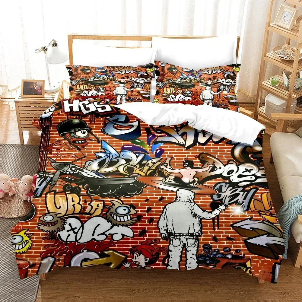 Cartoon Style Hip-Hop Graffiti 3D Printed Duvet Cover Pillowcase Bedding Set, Teenagers Bedroom Decor Bed Kit，Single_Queen Size