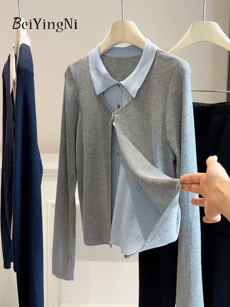 Beiyingni Korean Two Fake Pieces Cardigans Female Patchwork Chic Autumn Knit Outwear Winter Casual Slim Single Breasted Sweater