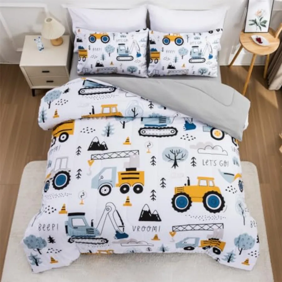 

Construction Truck Comforter Set for Boys Forest Vehicles Excavator Lightweight Microfiber Bedding Sets