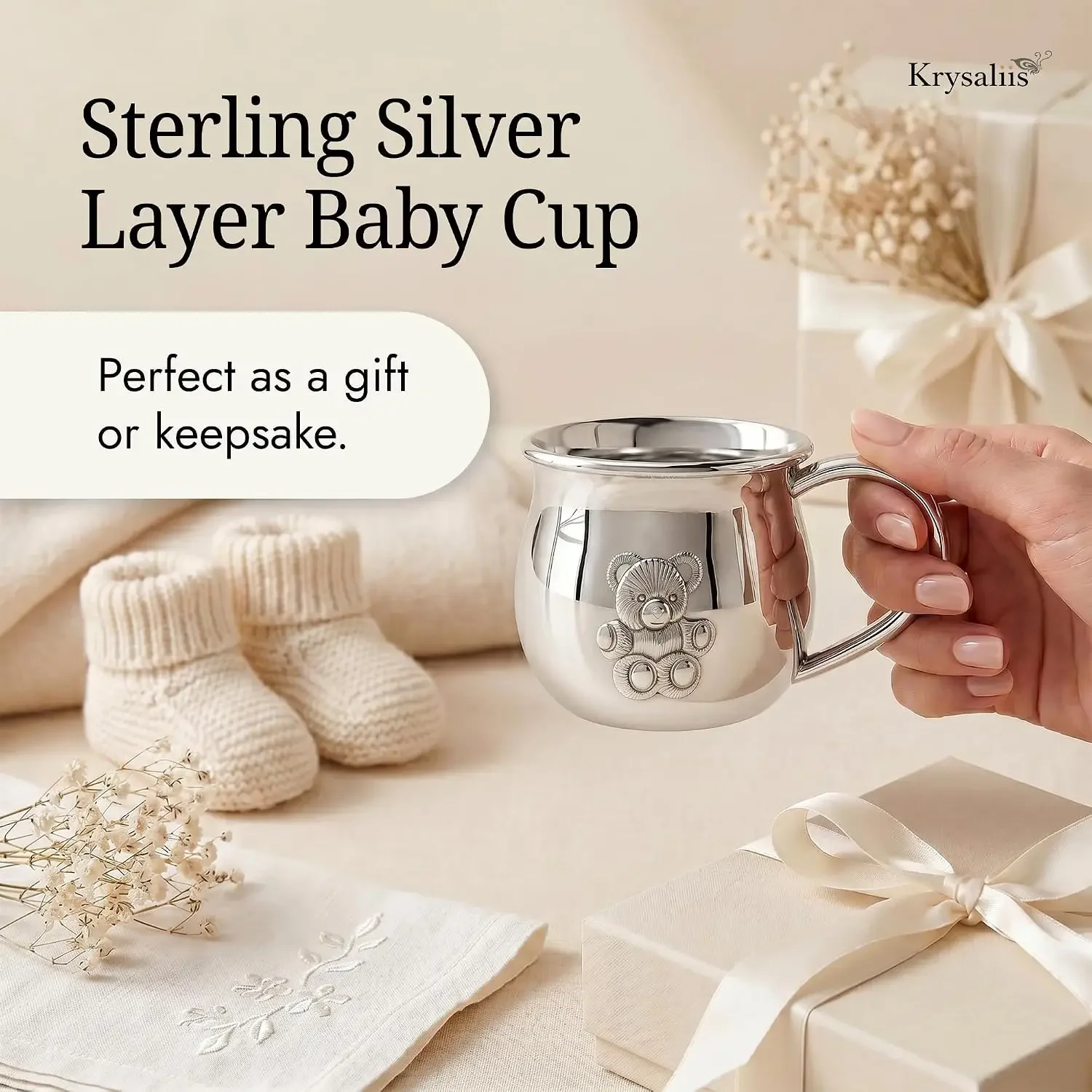 Teddy Bear Sterling Silver Layer Baby Cup Mug | with handle, engravable, gift boxed, baby shower, christening, newborn keepsake