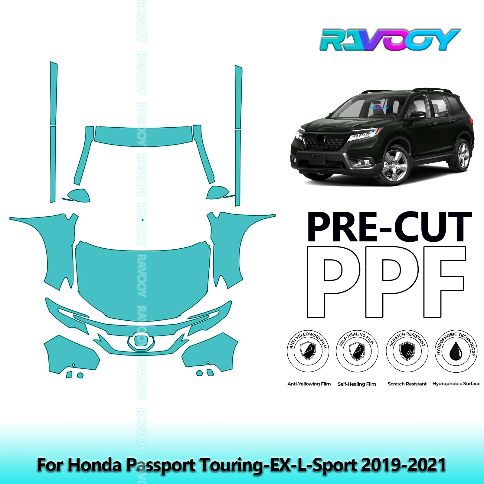 

Для Honda Passport Touring-EX-L-Sport 2019-2021 8,5 мил, предварительно вырезанный передний комплект + комплект гонщиков, защитная пленка для краски, прозрачный бюстгальтер PPF