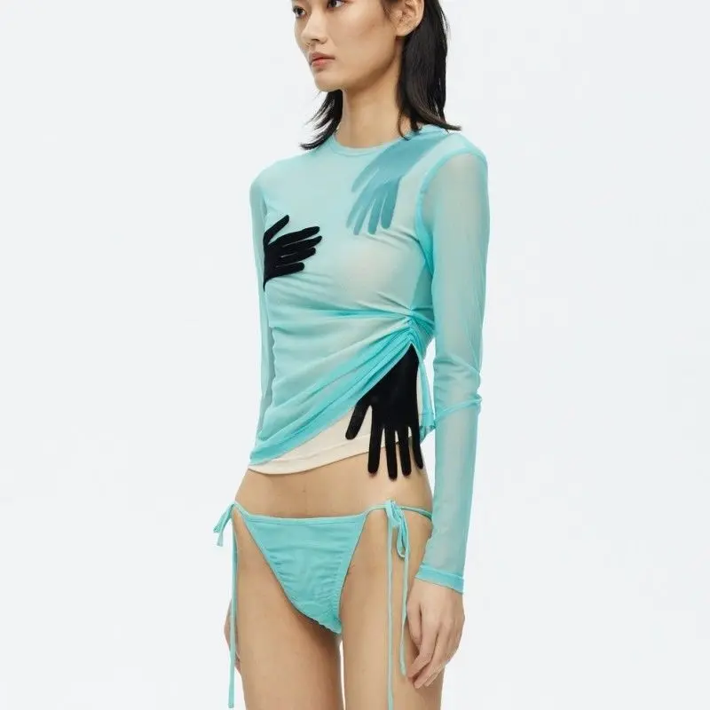 Sexy Mesh Perspective Stitching Velvet Palm Long-sleeved Shirt Street Spice Girl Wind Summer Irregular T-shirt Female