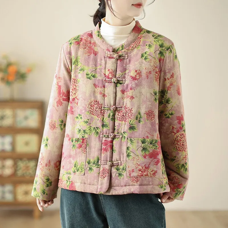 

Chinese Style Casual Quilted Coats Women New 2024 Autumn Winter Vintage Floral Print Female Thick Warm Padded Jackets B2029
