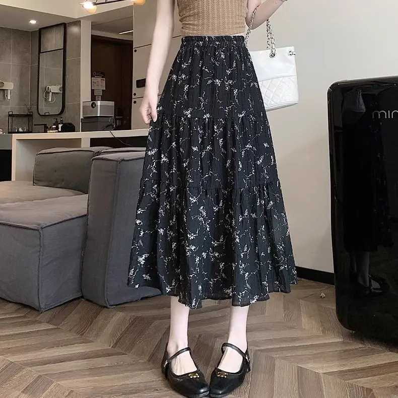 Summer Lady Printed Chiffon Midi Skirts Girl Classic Slimming Fit Thin Dress Female Korean Leisure High Waist A-line Skirts S714