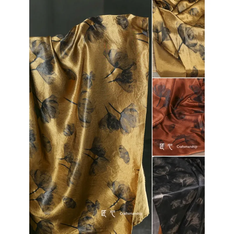 Heavy Gold Apricot Leaves 100% Acetate Silk Satin Cheongsam Skirt Shirt Clothing Designer Fabric