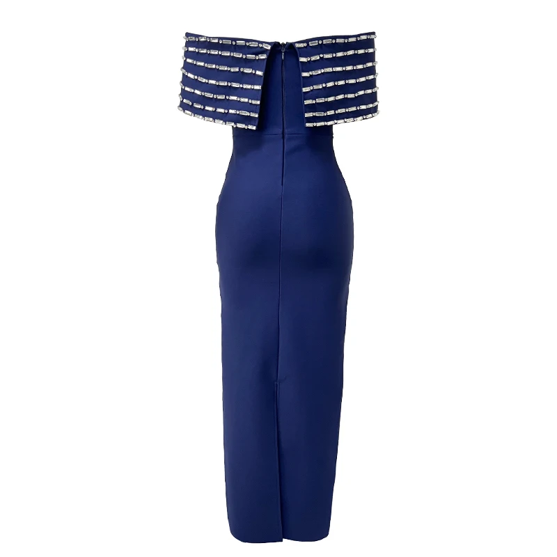 Nieuwe blauwe kleur vrouwen sexy slash hals uit de schouder stralende kristallen bodycon lange bandage jurk elegante avondfeest outfit