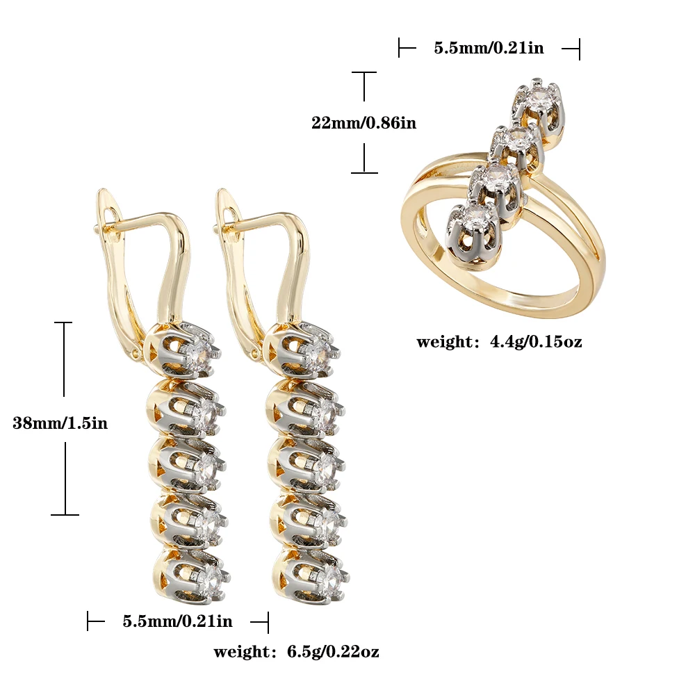 Linear row of zircon earrings and rings set, copper plated 14K gold fashion jewelry, versatile accessories for daily commuting