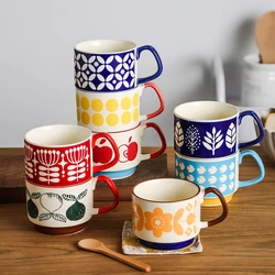 300ml Japanese Flower Coffee Mug Set Retro Ceramic Milk Oats Mug Office Water Handgrip Cup Kitchen Party Drinkware Set