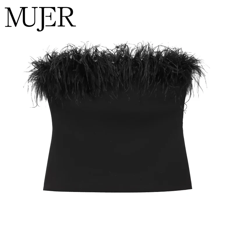 

MUJER черный укороченный топ с перьями, женский корсет с открытыми плечами, женские сексуальные топы без бретелек с открытой спиной, женский топ-бюстье
