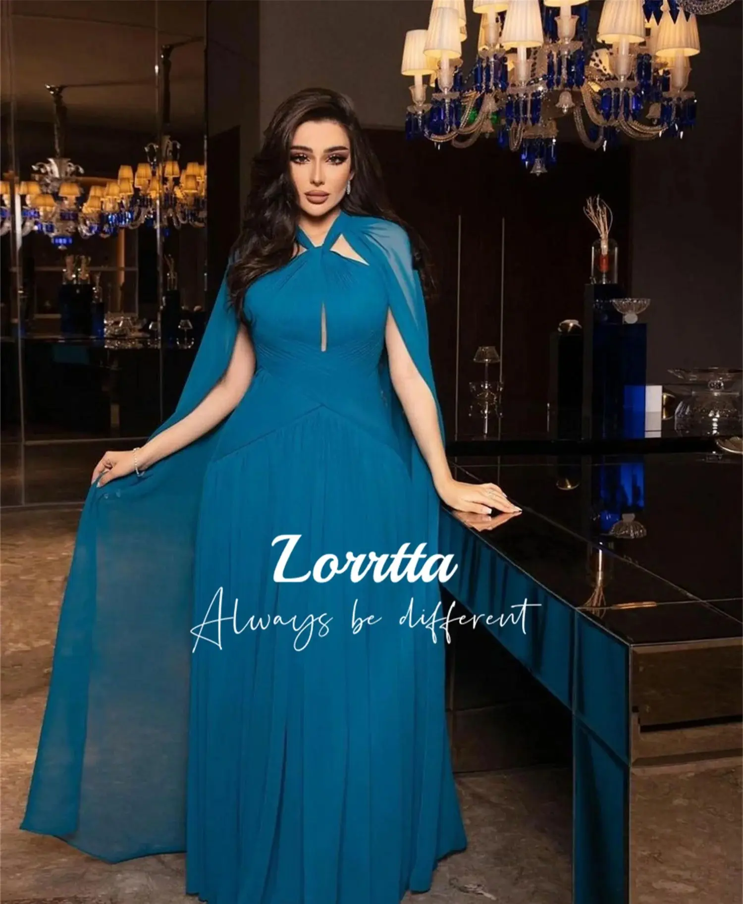 Lorrtta Vintage Blue Chiffon Party Evening Gown Halter Neck Pleated Evening Gown Dubai Arabian Vestido De Noche Elegante Gala