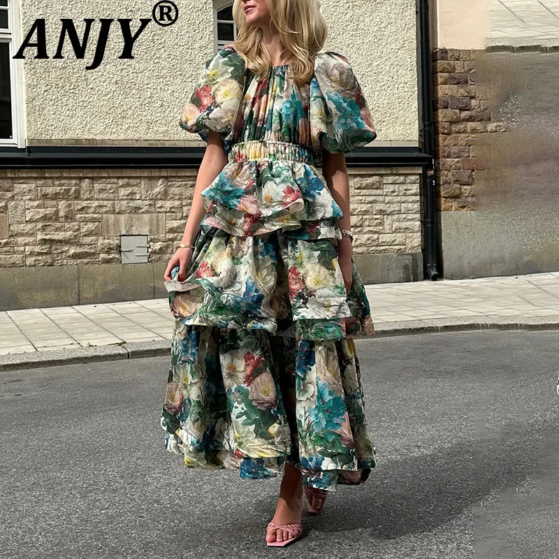 

ANJY Summer New Women Elegant Stylish High-End Multi-Layered Ruffle Print Long Dress Trend Fashion Waist-Slimming Dresses A20036