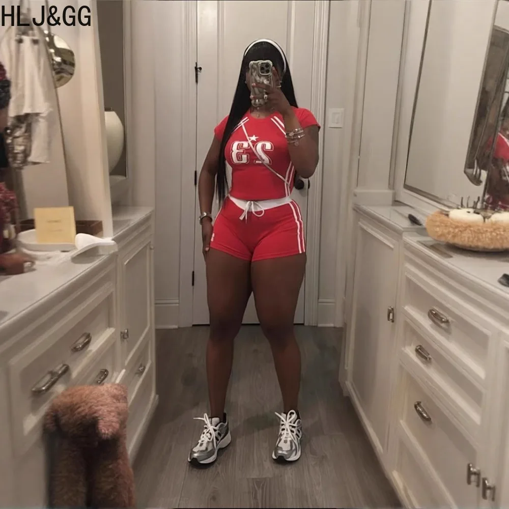 HLJ&GG Estate Nuova Lettera Stampa Pantaloncini con coulisse Set da due pezzi Donna Girocollo Manica corta Slim Crop Top e pantaloncini Abiti