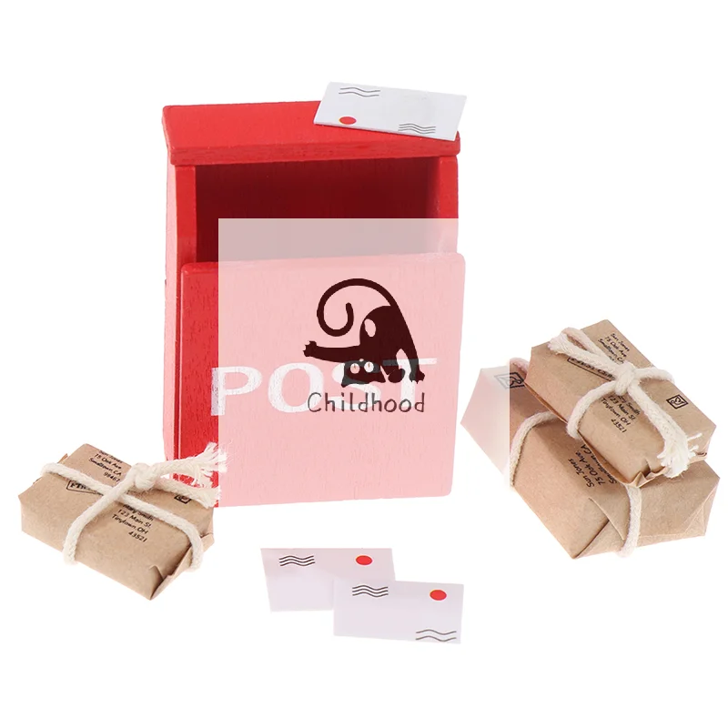 1 Conjunto de Caixa de Correio Miniatura 1:12 para Casa de Bonecas, Caixa de Correio Vermelha com Saco de Correio e Cartão Postal, Decoração para Jardim de Fadas, Porta, Móveis e Casa, Brinquedo