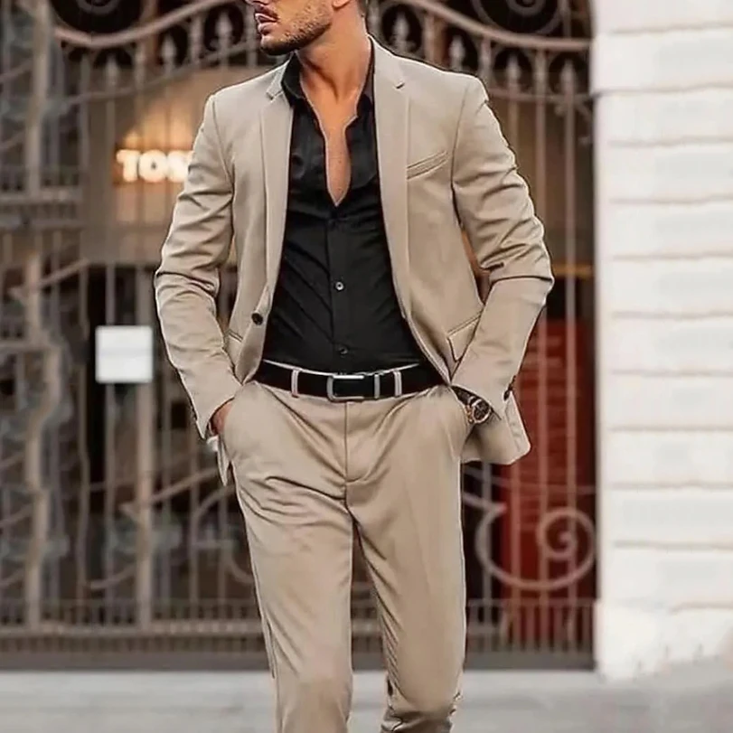 Khaki Men's Wedding Party Evening Suits 2 Pieces Casual Suits Custom Made Groom Tuxedos Blazer Jacket Pants Trajes De Hombre