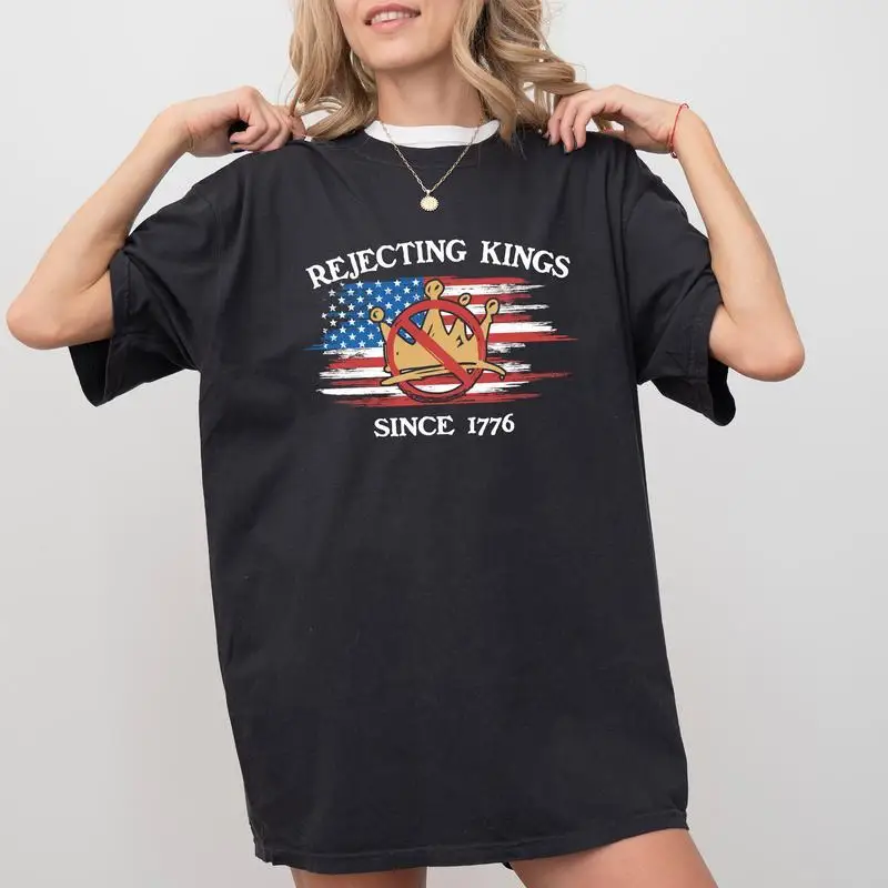 

Women's Patriotic T-Shirt "Rejecting Kings Since 1776" US Flag No Crown Tee Independence Day Freedom Gift Top