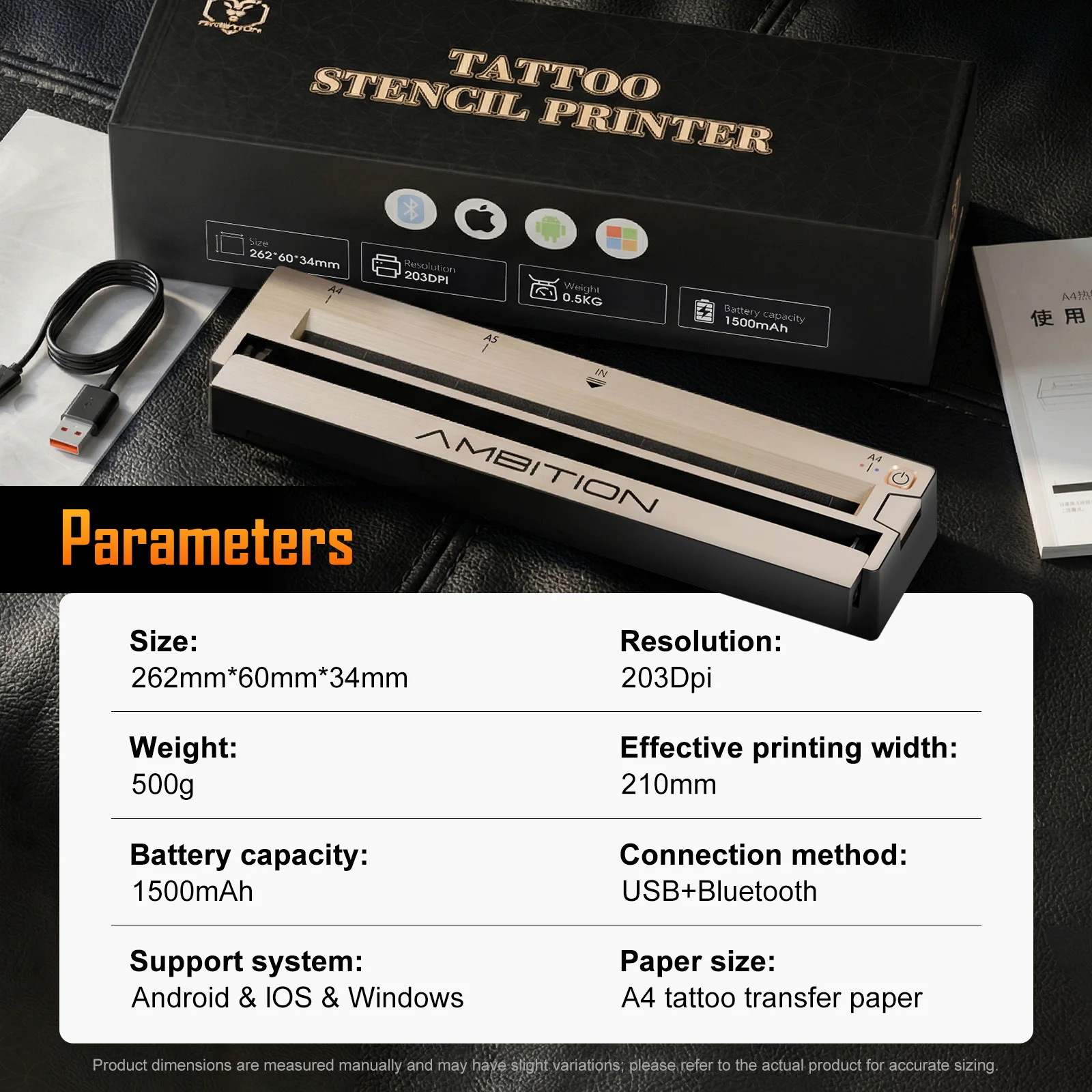 Ambition Wireless Portable Thermal Tattoo Printer Inkless Transfer Machine A4 HD Printer Bluetooth USB Phone & PC For App