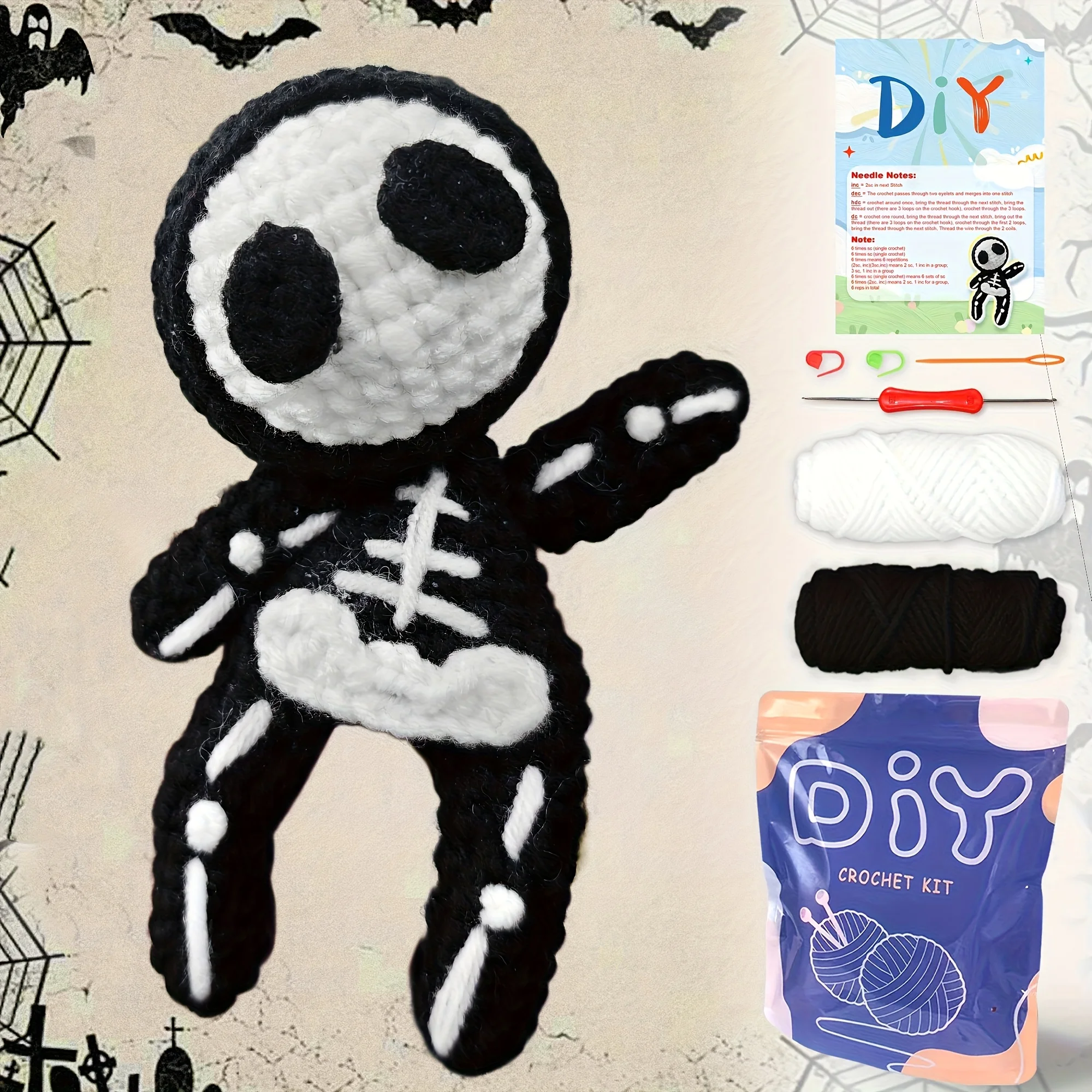 1pc Small Skull Crochet Kit, Halloween Fabric, Beginner's Crochet Kit with Step-by-Step Video Tutorial And Yarn