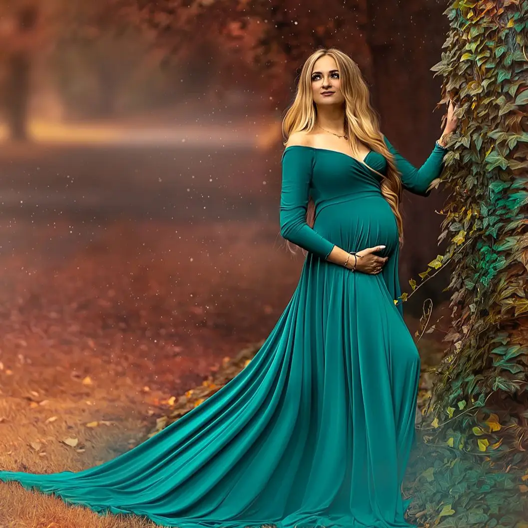 

Modest Green Maternity Gowns Off Shoulder Mermaid Pregnant Robes De Soiree Slit Photography Props Photo Babyshower Gowns