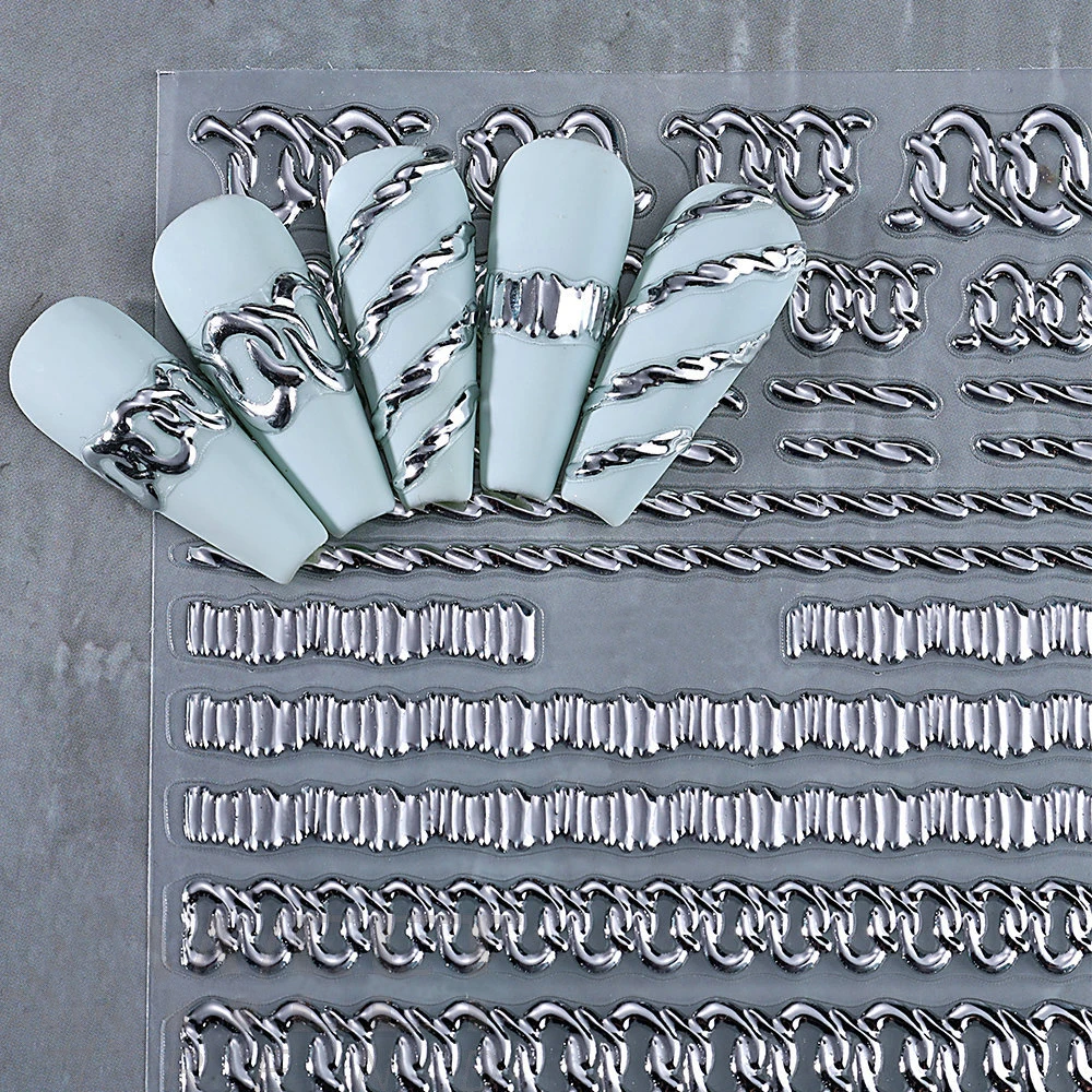 

1 лист 5D тисненные французские линии наклейки для дизайна ногтей серебристые золотые блокирующие цепочки в форме наклейки для ногтей для женщин и девочек маникюр украшения