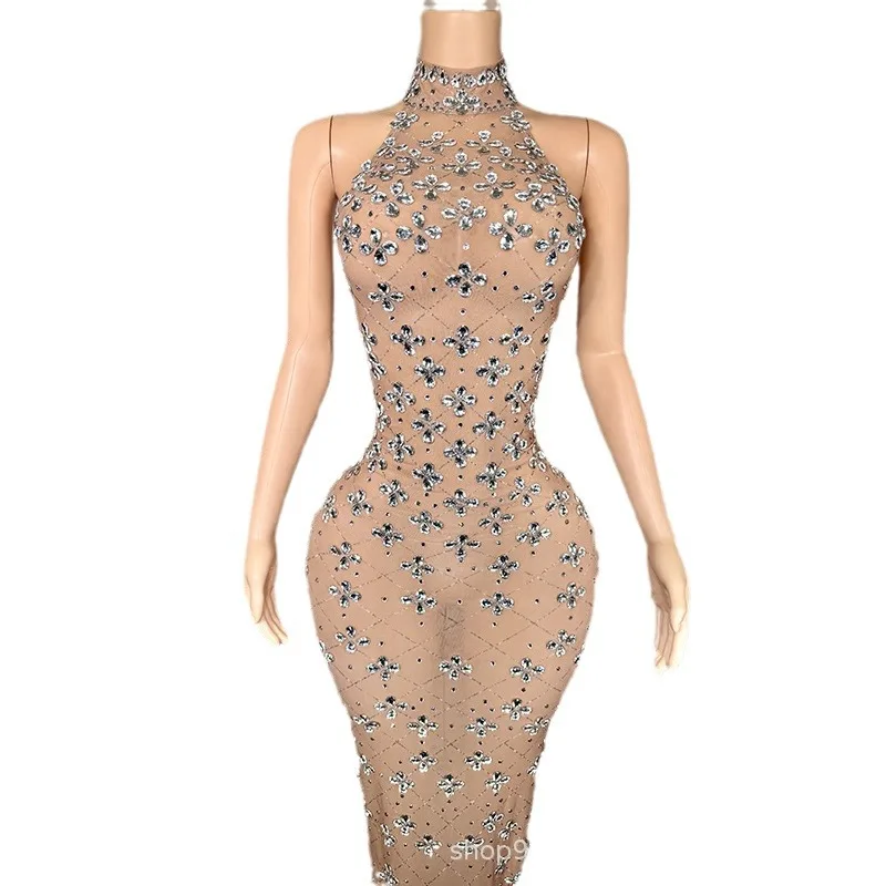 Autumn Mesh Perspective Diamond Fishtail Dress Sexy Nightclub Stage Performance Clothes Miss Universe Choose Beautiful Clothes