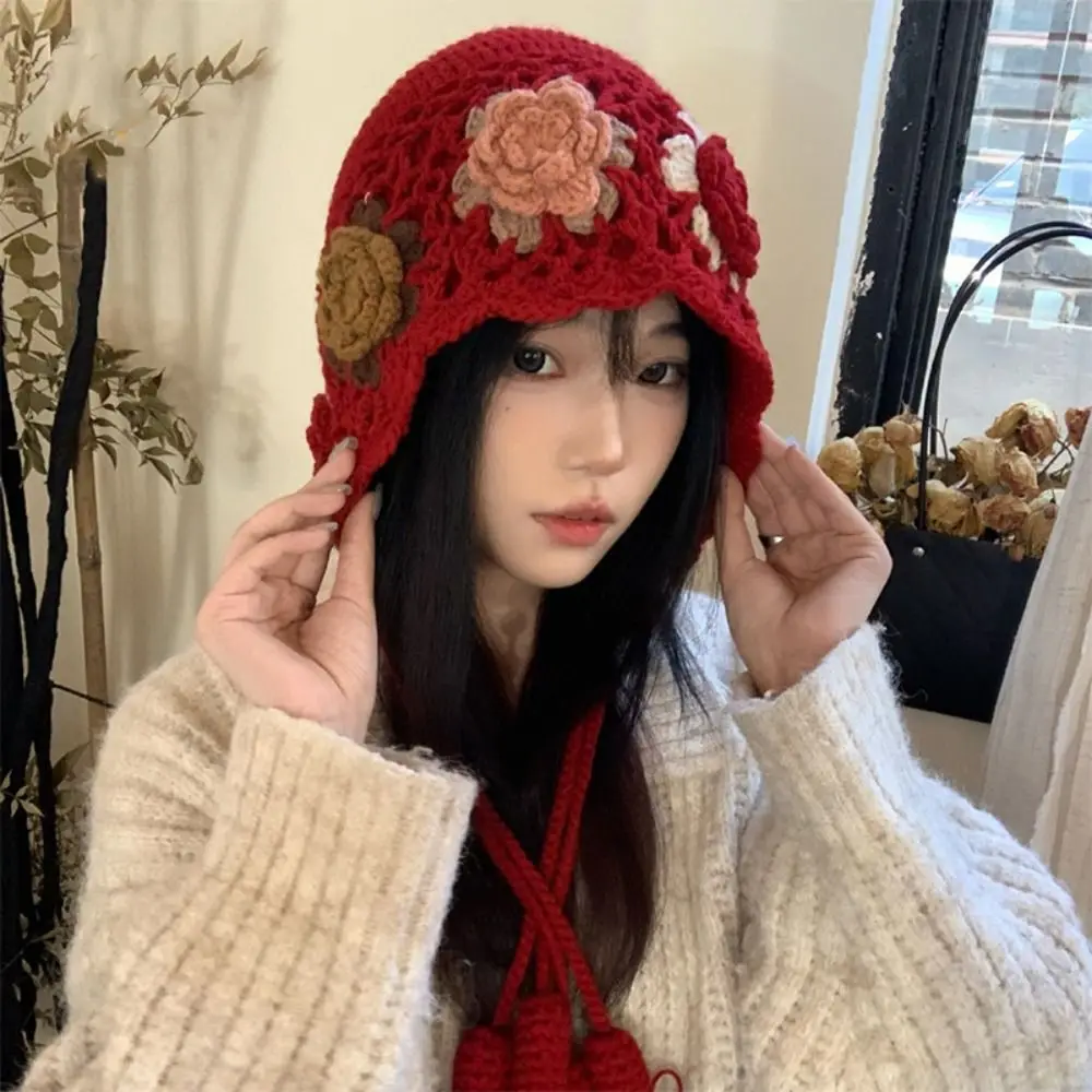 

Sweet Tassels Crochet Knitted Hat Bohemian Style Hollow Out Knit Cap Handmade Korean Weave Cap Apparel Accessories
