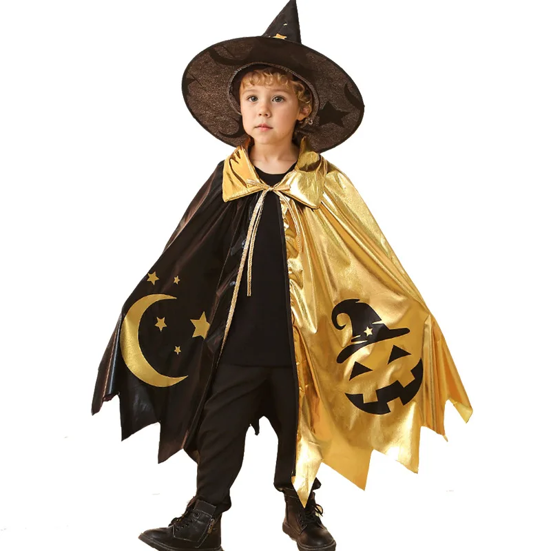 Capa infantil de Halloween estrela bruxa vestido mágico conjunto de capa impressa com chapéu para meninos e meninas