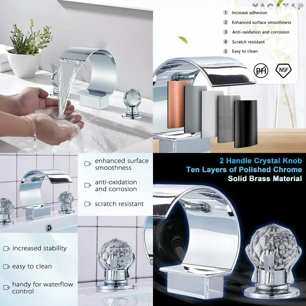 

High Arc Waterfall Spout 3-Hole 2-Handle Crystal Knob Chrome Bathroom Sink Faucet for Vanity Basin Mixer Tap, 8-inch and Larger