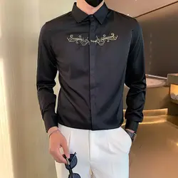 Spring Autumn Fashion Turn-down Collar Long Sleeve Embroidery Solid Color Blouse Men's Clothing Button All-match Korean Shirts