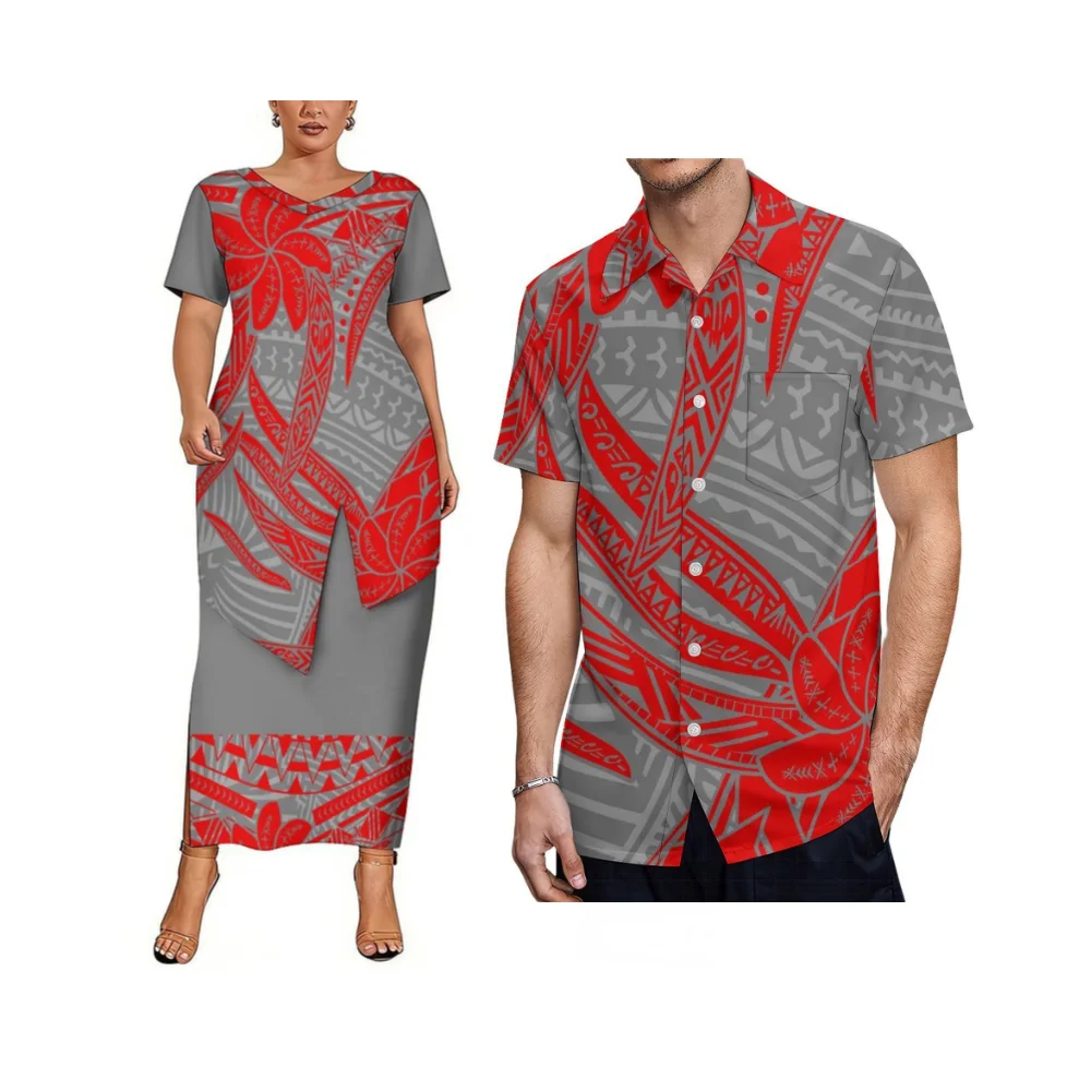 

Летняя юбка-клеш с V-образным вырезом для женщин, с эффектом утончения талии, в стиле пулетаси, с полинезийским принтом, парный комплект на заказ