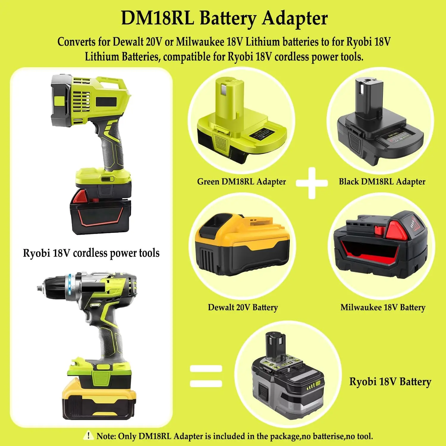 DM18RL Batterieadapter zur Umwandlung von Dewalt/Milwaukee 20V/18V Li-Ionen-Akkus in Ryobi 18V P108 ABP1801, USB-Anschluss, Schwarz/Grün – Detail 18