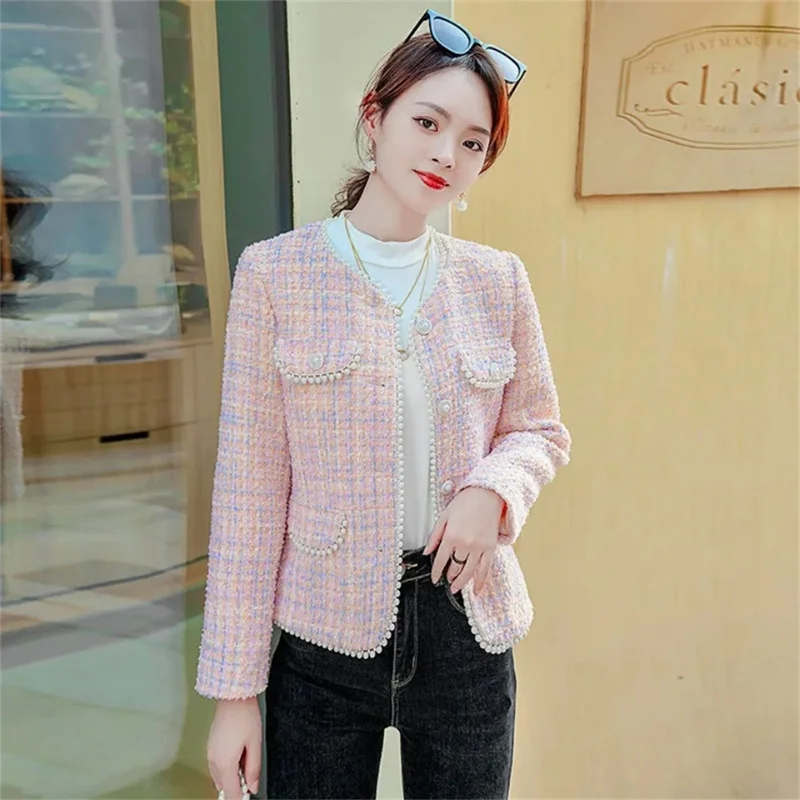 

Temperament Ladies woolen Coat Heavy Industry Beaded Tweed Jacket 2022 New Fashion Female Outwear Wool Jacket Pink Short Coat