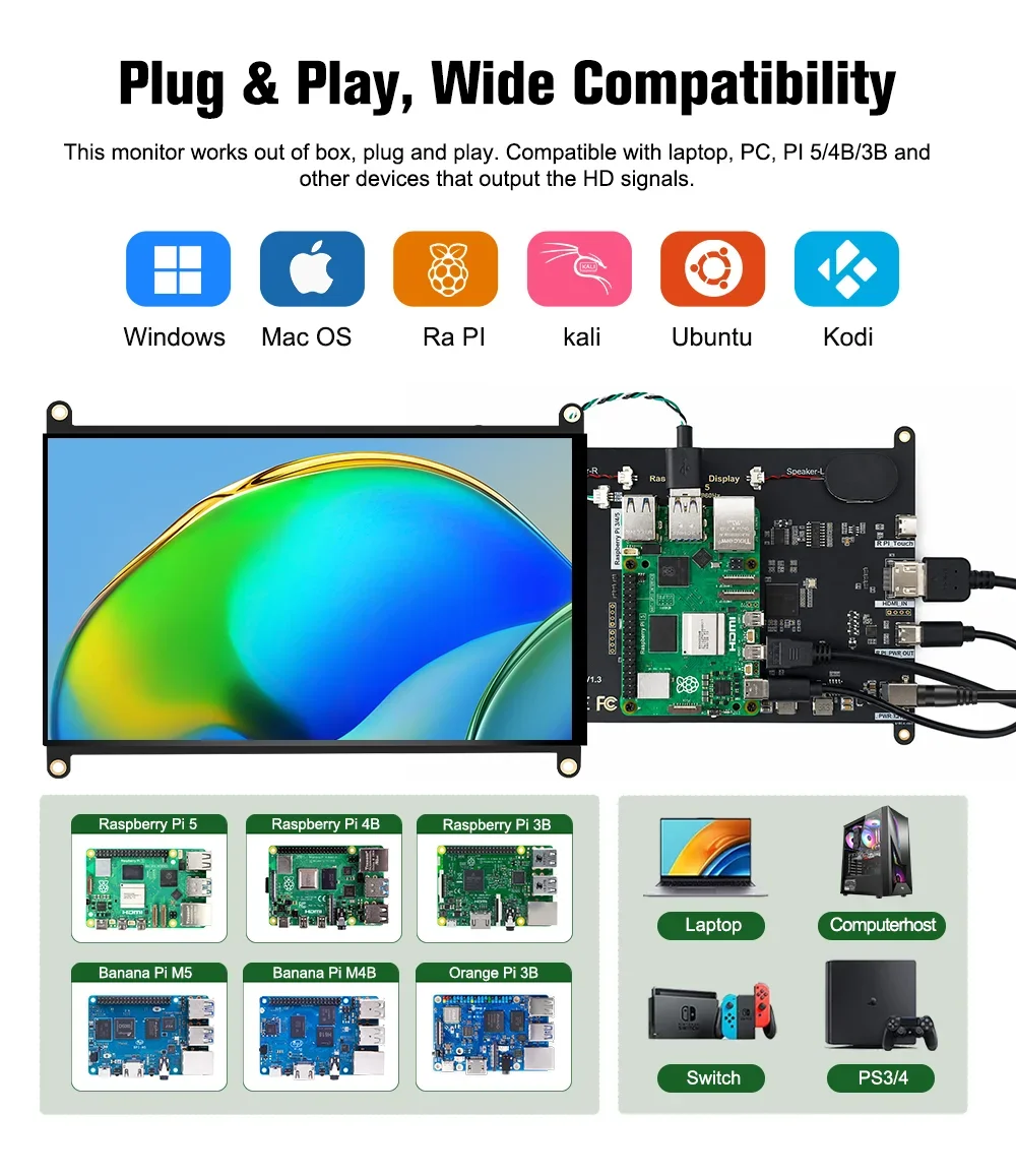 Raspberry Pi 5 7/8 Inch Screen, IPS TFT LCD HDMI Display Touch Screen Monitor 1024*600 1920*1200 HDMI Speaker for DIY Student