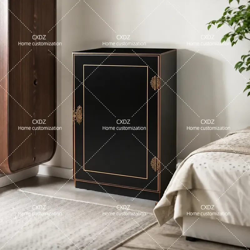 New Chinese Style Black Lacquer Cabinet with Bone and Stone Inlay Flower Bird Pattern Single Door Bedside Table Corner
