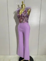 Luxury Sparkly Diamond Feather Embroidery Bandage Jumpsuit Women High Street Elegant Evening Party Club Luxury Birthday Outfit - Image 2